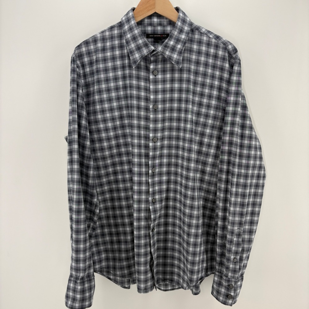 John Varvatos Mens L Gingham Shirt Wire Collar Cuffs Cotton Button Up